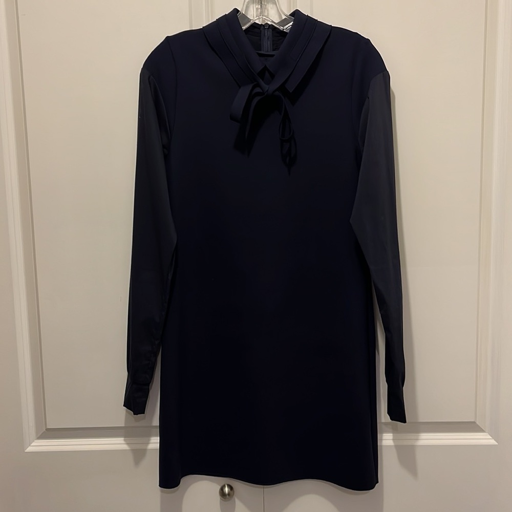 Marie Saint Pierre Navy Blue Long Sleeve Collared Dress with Bow